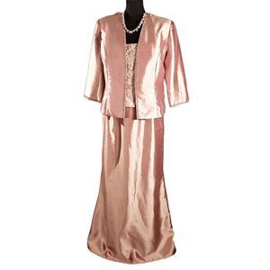 Karen Miller New York Pink Satin Lace Sequins Beads 2 pc. Formal Gown Size 14